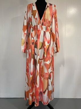 Romantic Flowing Maxi Dress V Neck Empire Waist | Boho Sunset Coral Pink Large